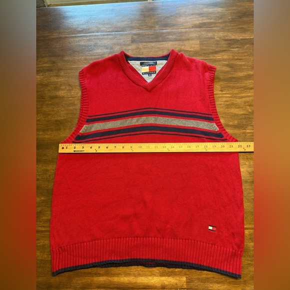 Tommy Hilfiger Knit Sweater Vest Mens SZ XL Red Navy Striped Logo Layering - Picture 7 of 8
